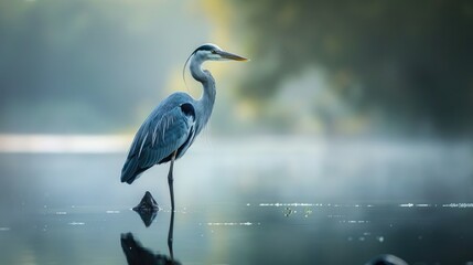 Wall Mural - Artistic wildlife photography by Heron set against natural backdrop