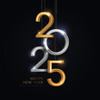 © kotoffei - 2025 silver and gold numbers hanging on black background. Vector illustration. Minimal logo invitation design for Merry Christmas and Happy New Year. Winter holiday poster brochure voucher