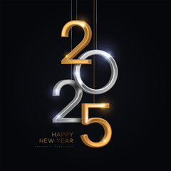 2025 silver and gold numbers hanging on black background. Vector illustration. Minimal logo invitation design for Merry Christmas and Happy New Year. Winter holiday poster brochure voucher