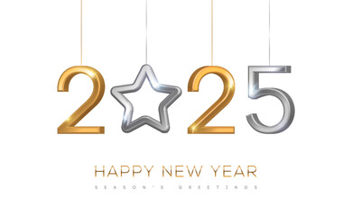 Sticker - 2025 silver and gold numbers hanging on white background. Vector illustration. Minimal logo invitation design for Merry Christmas and Happy New Year. Winter holiday poster brochure voucher