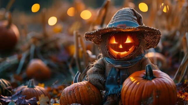 Scarecrow with pumpkin head in spooky field