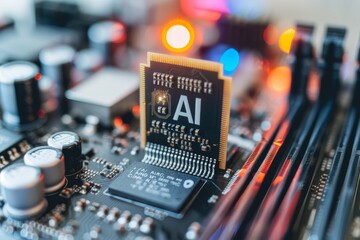 Close up of AI microchip on a motherboard, highlighting advancements in artificial intelligence hardware and precision technology.