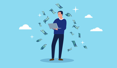 Leinwandbilder - Man with computer making money - Businessman freelancer standing holding laptop earning and getting salary and return on investment from online and internet work. Flat design vector illustration