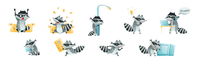 Poster - Raccoon Burglar with Striped Tail Wearing Mask Stealing and Hacking Vector Set