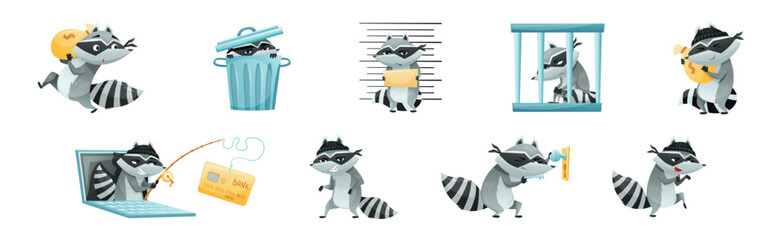 Poster - Raccoon Burglar with Striped Tail Wearing Mask Stealing and Hacking Vector Set