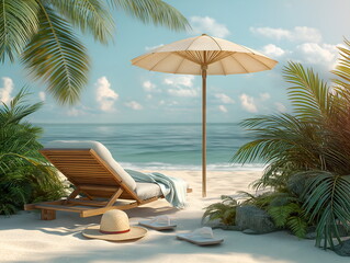Beach lounge chair by the blue ocean sea on the sandy beach paradise view, beach umbrella, slippers and bag. Vacation, travel, sunbathing concept
