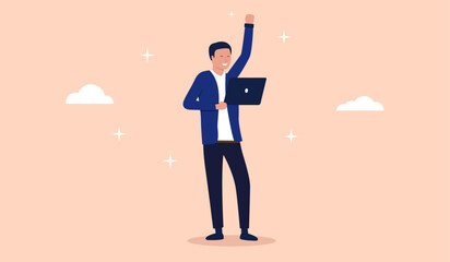 Cheerful man with computer - IT developer person standing holding laptop and hand raised in the air smiling and being happy over achievement and small victory at work. Flat design vector illustration