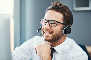 Aufkleber - Businessman, speaking and call center or headset, help desk and friendly customer service for online advice. Tech support, telesales and office for communication, agent and consultation professional