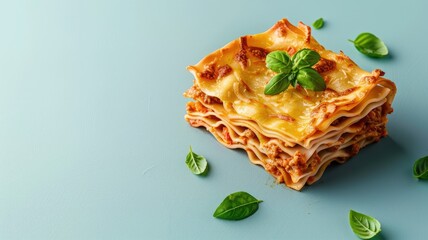 Wall Mural - Tasty looking lasagna with cheese and basil on blue background