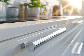 Elegant white kitchen cabinet handle in a modern home