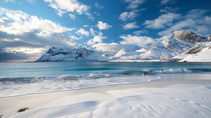 Wall Mural - Beautiful winter landscape at Haukland Beach in Lofoten Islands, Norway