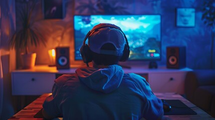 an xbox player in a minimalist gaming setup, with a simple desk, a monitor, and a controller, focused on a strategy game, with soft ambient lighting. 