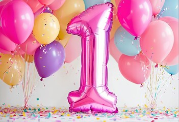 Festive celebration of the first birthday with balloons and confetti in pink tones, an inflatable balloon with the number 1 on a white background