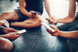 © peopleimages.com - People, hands and calendar with phone for fitness schedule, workout or data sync at gym. Closeup of group on mobile smartphone or networking for training day, exercise routine or date at health club