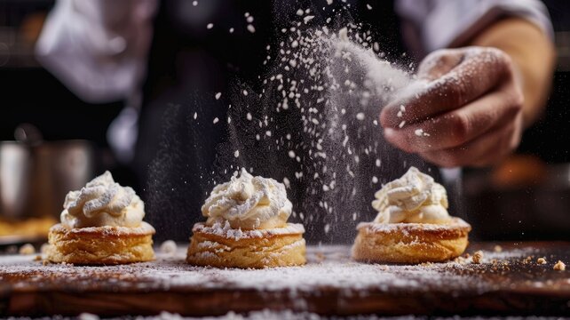 Three cream-topped pastries being sprinkled with powdered sugar by person