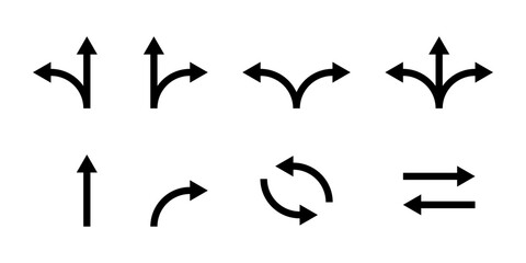 Arrow direction icon set. Way pointer symbol. Turn arrow navigation sign. Traffic route vector illustration.