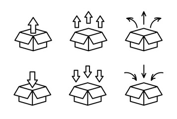 Box unpacking icon set. Take out or in from the box symbol. Open package vector illustration. Outline box unpacking sign.