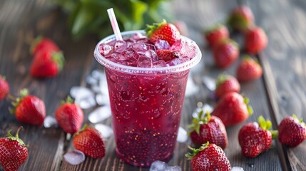 Strawberry slushie in plastic cup with fresh strawberries on dark background.