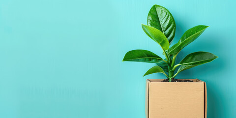 Plant growing in a cardboard box on simple colored background with copy space