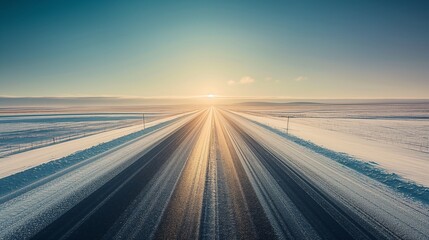 Wall Mural - A highway stretching endlessly through a flat, arctic landscape under the midnight sun, with a pristine, untouched snow field around, captured in high resolution.