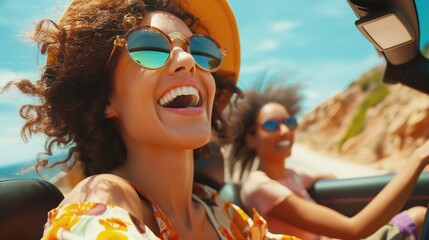 Two friends laugh and enjoy a summer road trip in a convertible on a sunny day with a scenic backdrop.