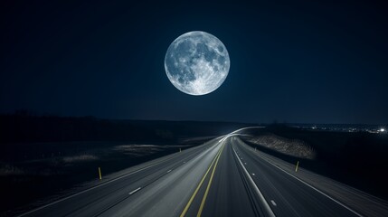 Wall Mural - A highway lit by the full moon, with the landscape bathed in a silvery glow and the road stretching into the night, captured in stunning high-definition.