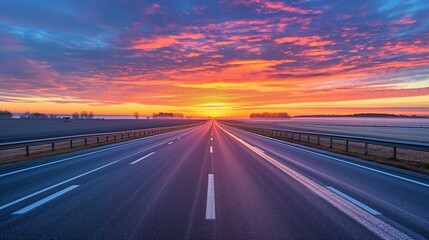 Wall Mural - A highway at dawn, the road empty and stretching towards a vibrant, colorful sunrise, captured with high-definition accuracy and detail.