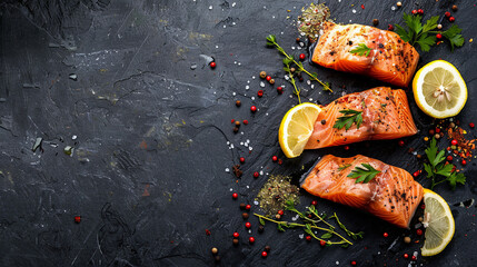 Wall Mural - Delicious juicy piece of salmon with spices on a black background