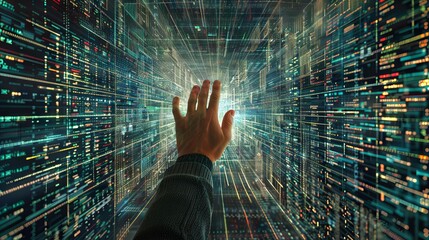Wall Mural - A man's hand gesturing towards a large virtual screen filled with moving diagrams and data blocks symbolizing server information processing, set against a backdrop of digital matrix code. 