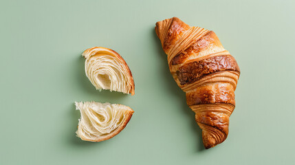 Cross-section of croissant on green isolated background