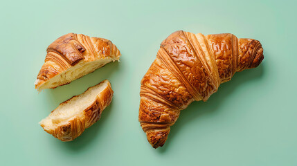 Cross-section of croissant on green isolated background