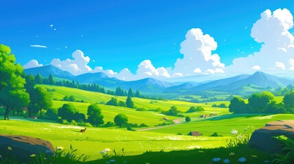 Wall Mural - A charming cartoon 2d illustration captures a tranquil spring scene of lush green fields majestic mountains and a clear blue sky