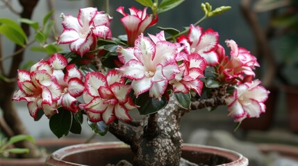 Wall Mural - Flowering adenium species with white and red patterned blooms