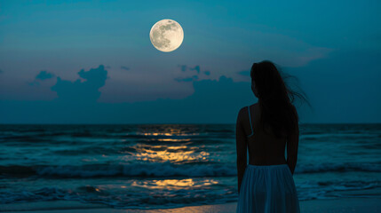 Woman admiring the full moon from the beach at night