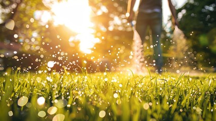 A man watering a vibrant green grass with a spray nozzle, focusing on the water droplets glistening in the sun with a blurred natural background, ideal for copy space on a sunny day.