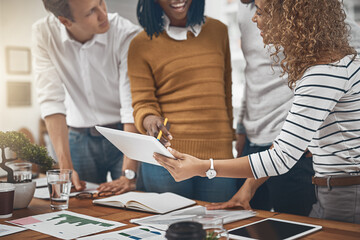 Poster - Group, people and tablet for data analysis in company as web developer in digital agency, workshop or office. Team, business meeting and collaboration with diversity, growth or career in brand design