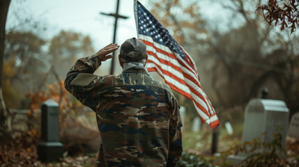 Poster - A soldier dressed in uniform saluting the American flag in a cemetery, poster