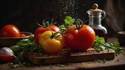 Wall Mural - Fresh Tomatoes with Herbs and Oil