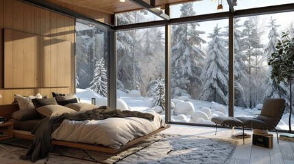 Wall Mural - A luxurious bedroom with a view of a snowy pine forest and mountains