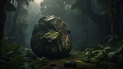 Wall Mural - Moss-Covered Boulder in Misty Rainforest