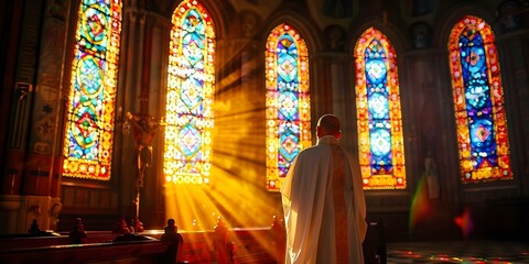 Wall Mural - Pope praying in ornate chapel with soft light through cathedral stained glass. Concept Religious, Spiritual, Sacred, Devotion, Ornate Chapel, Stained Glass, Soft Lighting