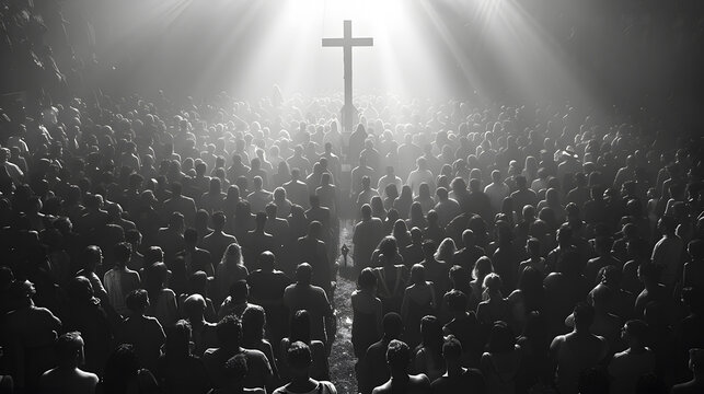 Christian Worshipers Raising Hands in Front of the Cross 