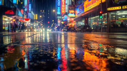 Wall Mural - A rainy night on a slick city street, with reflections of street lights and neon signs on the wet asphalt, captured as if by an HD camera.