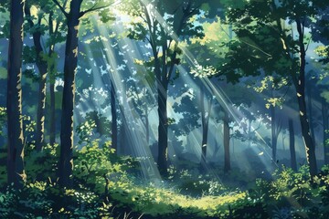 Poster - Sunlight streams through the lush, green forest canopy, creating a peaceful, serene atmosphere in this tranquil woodland scene.