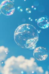 Wall Mural - floating soap bubbles against a clear blue sky with white clouds and sunlight reflections, capturing