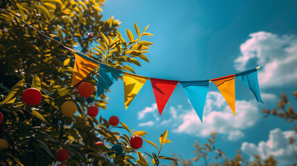 Colorful flag string decoration in green tree foliage against blue sky, summer celebration background design banner with copy space.