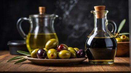 Wall Mural - Elegant Olive Oil and Olives Still Life