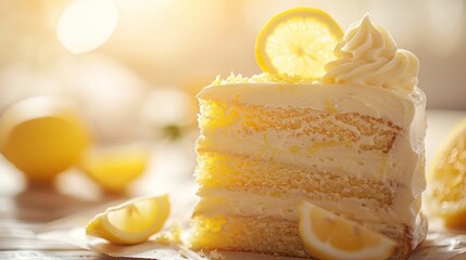 Delicious lemon cake slice with fresh lemons