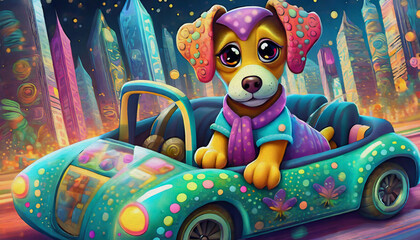 Wall Mural - oil painting style cartoon character illustration multicolored the baby dog drives in a convertible at night through a city