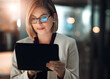 © peopleimages.com - Tablet, search and business woman with glasses in night office online for planning, research or b2b client communication. Digital, feedback and manager reading social media survey or startup review